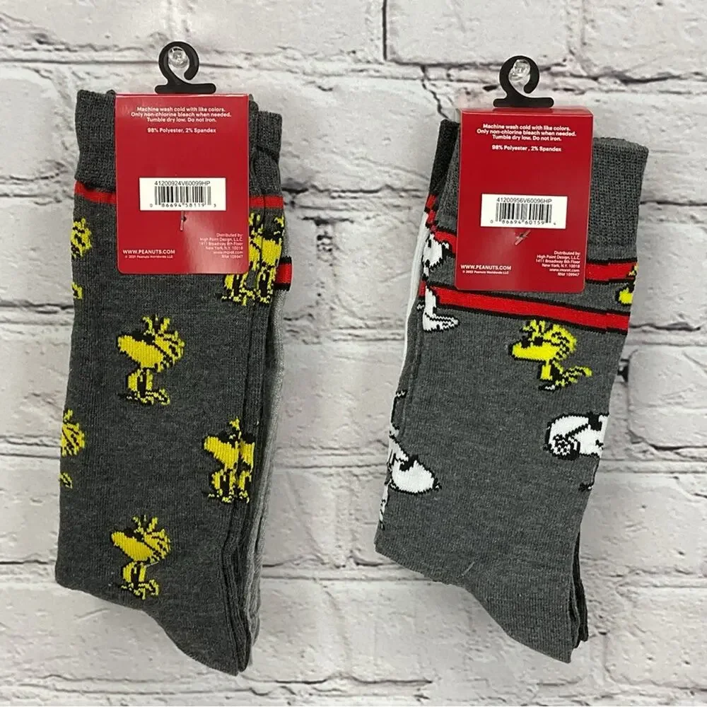 Peanuts Snoopy Woodstock Crew Socks 4 Pair Mens Shoe Size 6.5 -12 Gray/White/Red